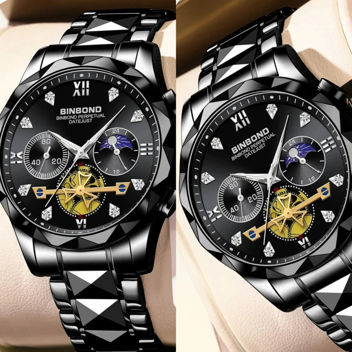 New Luxury Binbond Brand Men's Luminous Watches Stainless Steel Waterproof Chronograph watch - Black - Image 3