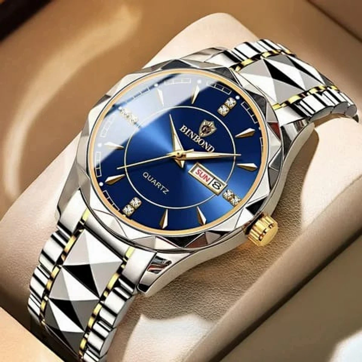 New BINBOND Men's Watch Luxury Brand Business Gold Watch Waterproof Dual Calendar Luminous Stainless Steel Men's Quartz Wrist Watch